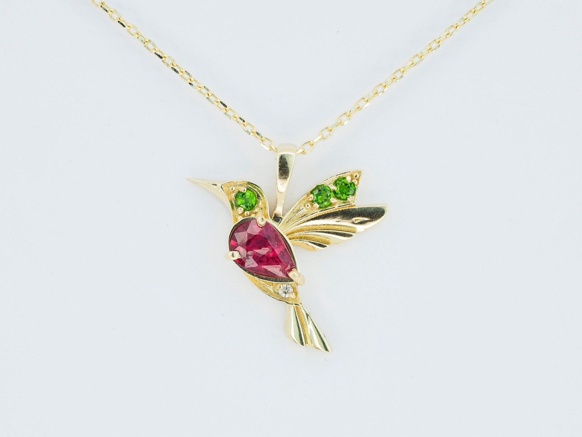 14k Gold Hummingbird Pendant with Rubie