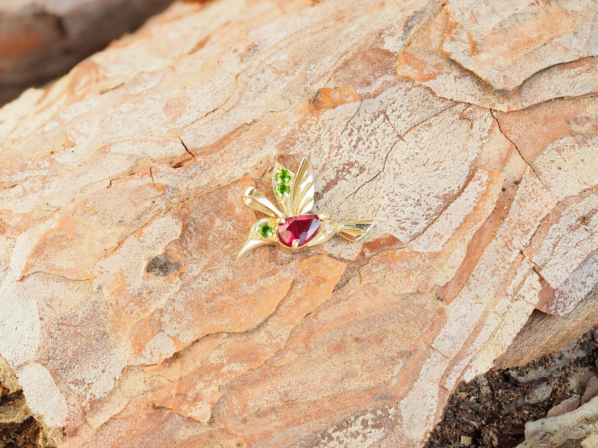 14k Gold Hummingbird Pendant with Rubie