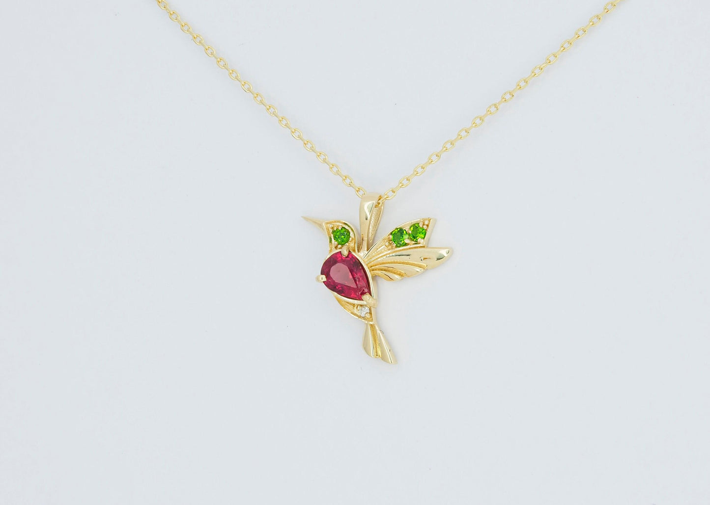 14k Gold Hummingbird Pendant with Rubie