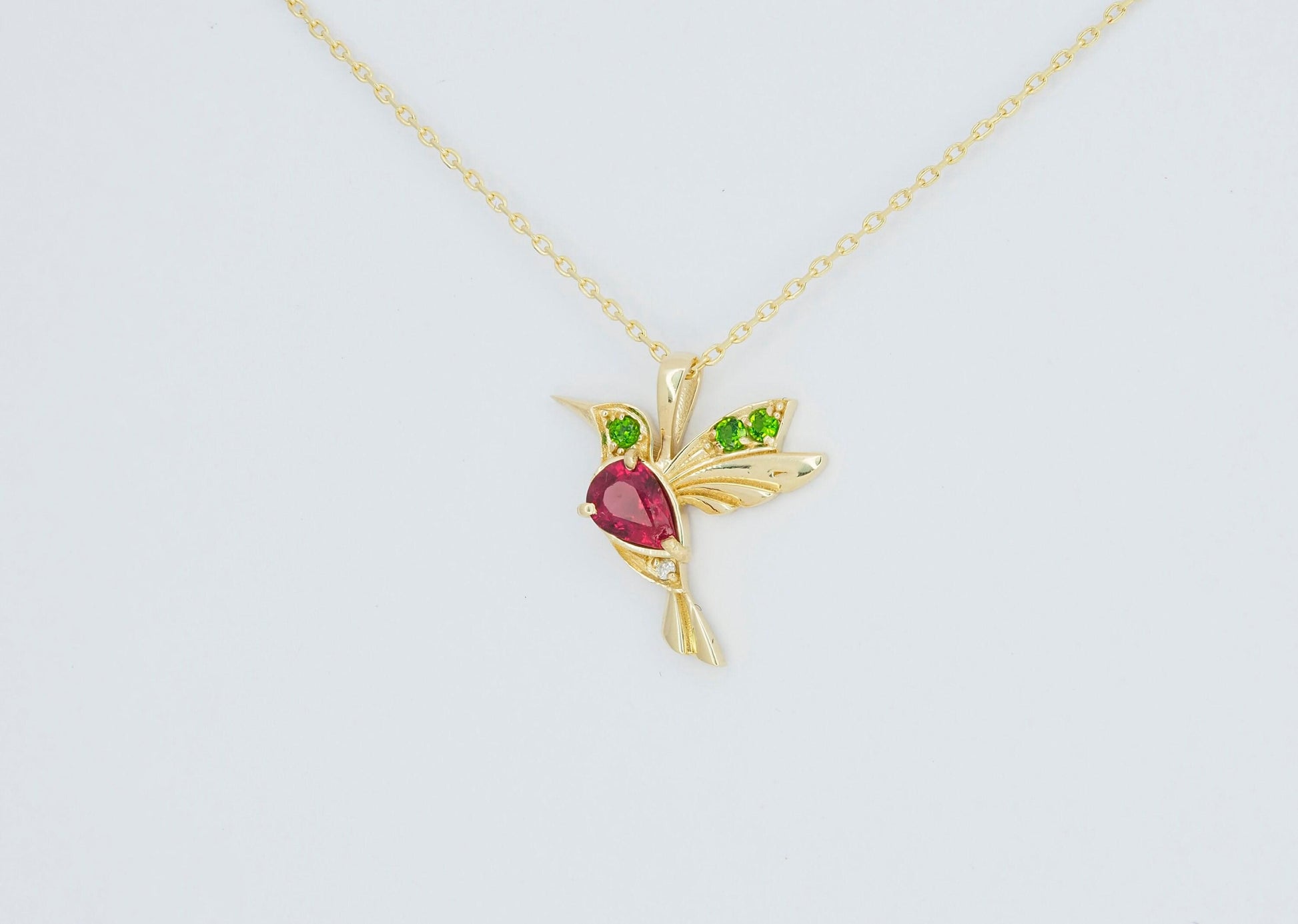 14k Gold Hummingbird Pendant with Rubie