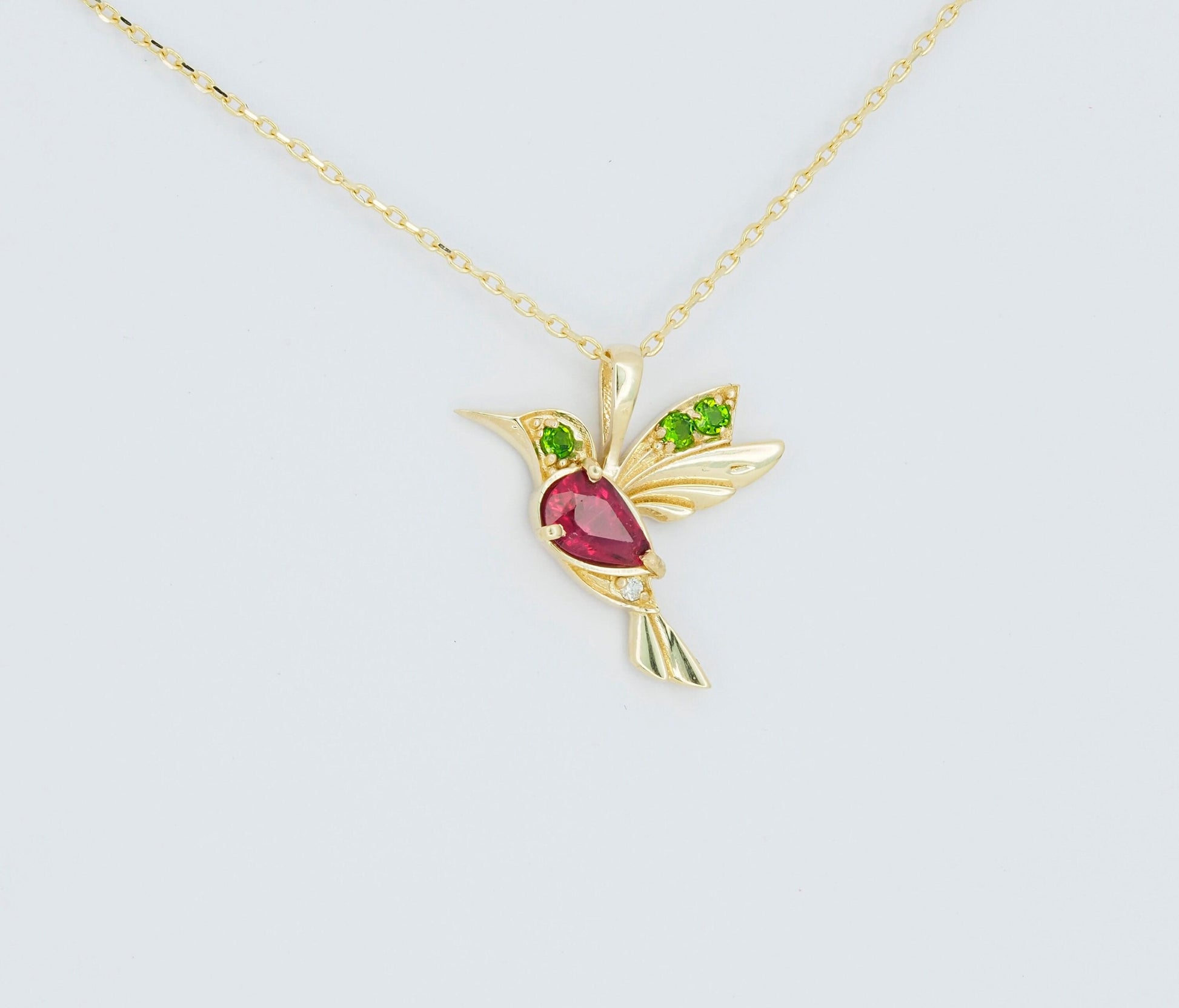 14k Gold Hummingbird Pendant with Rubie