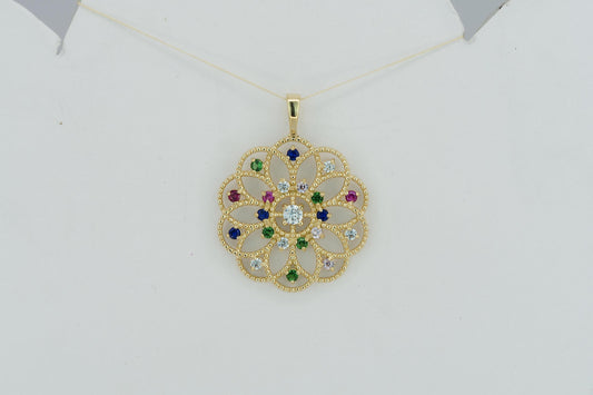 14k gold pattern pendant with multicolor gemstones