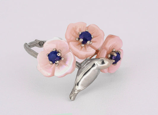 Bird on branch ring with sapphires in 14k solid gold