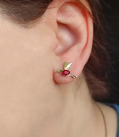 Hummingbird earings studs with rubies in 14k gold