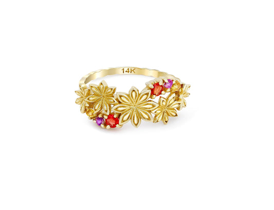 Star Anise Flower 14k gold ring with gemstones