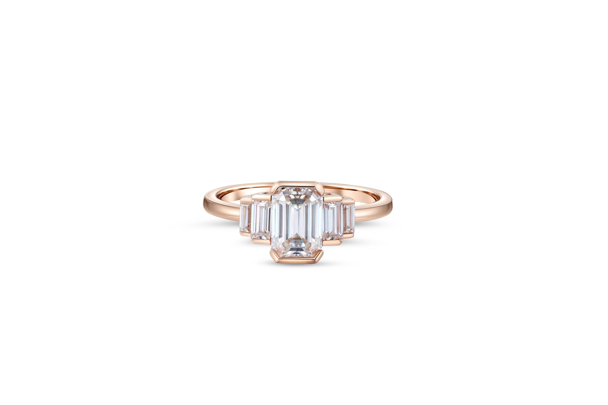 Three Stone Emerald Cut Moissanite Engagement 14k gold Ring