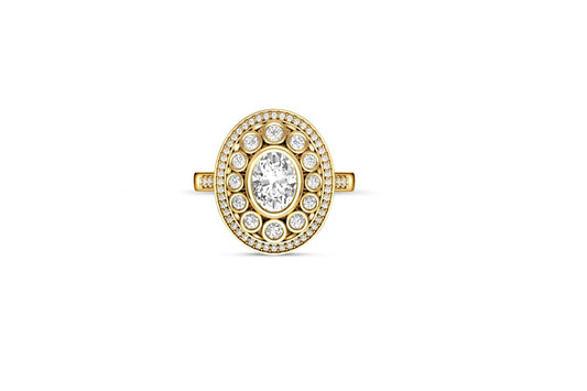 Vintage oval Moissanite Double halo 14k Gold Ring