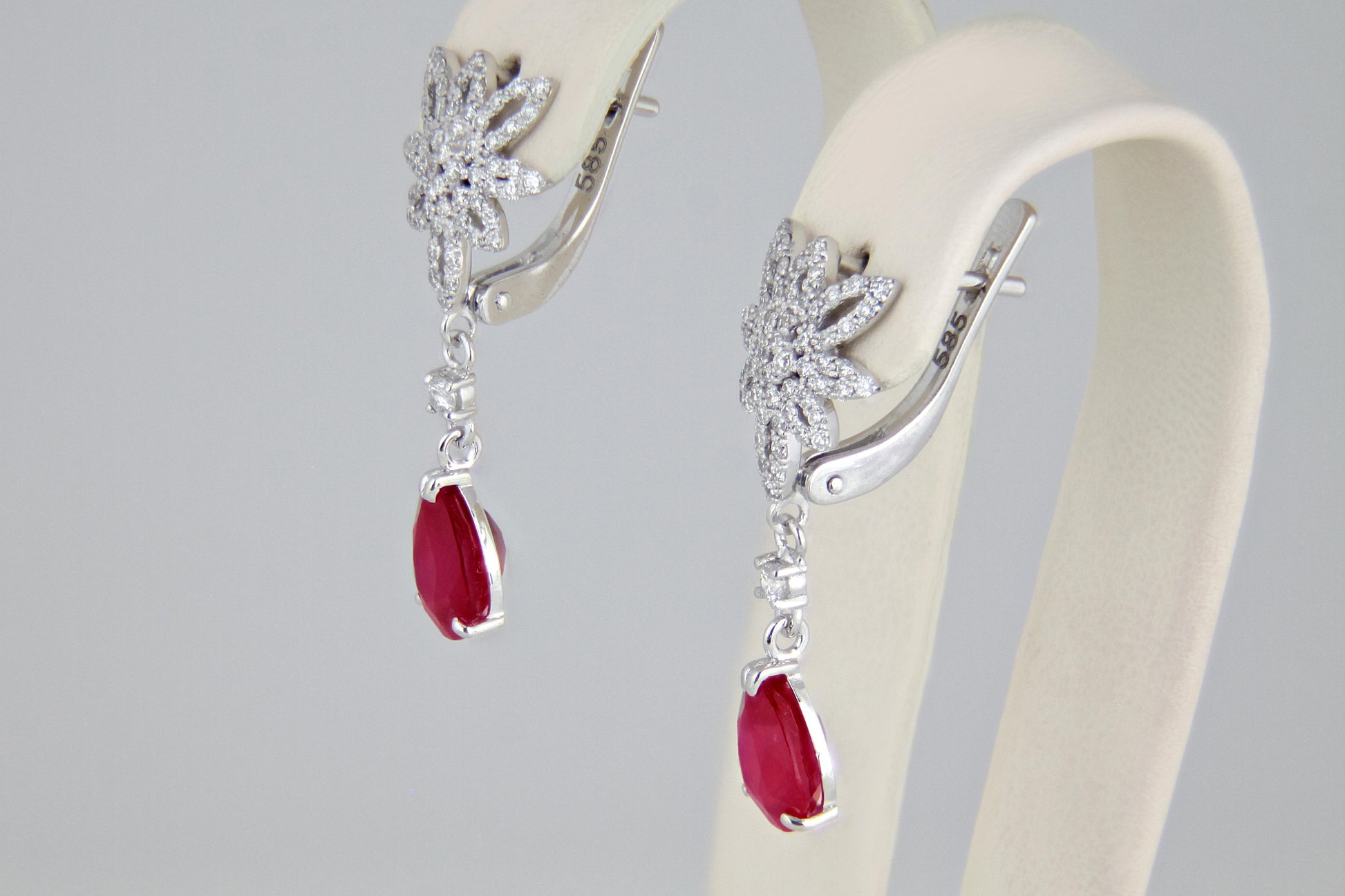 Pear ruby 14k gold dangle earrings