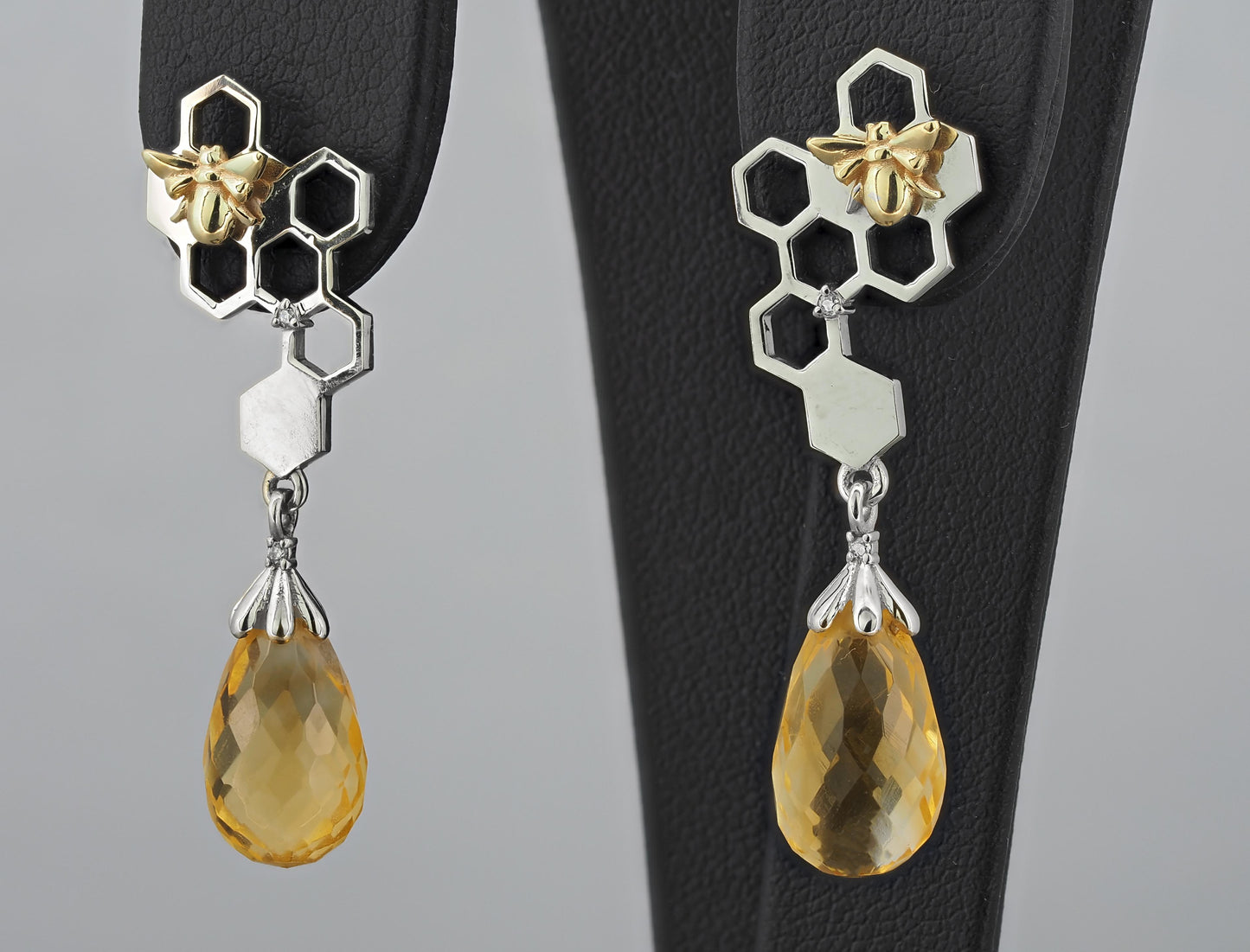 Bee on honeycomb citrine earrings studs