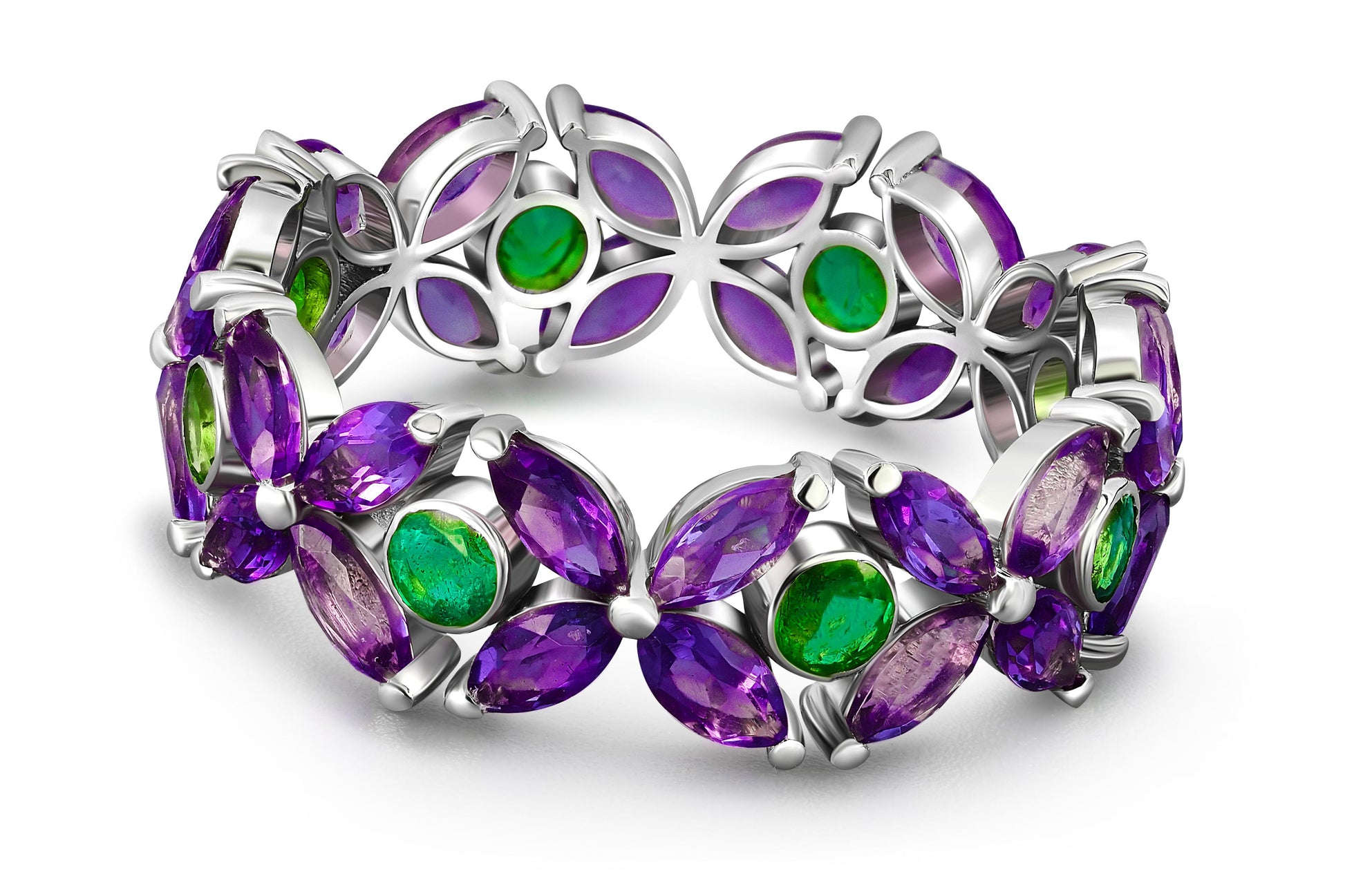 Emerald, Amethyst Eternity 14k gold Ring Band