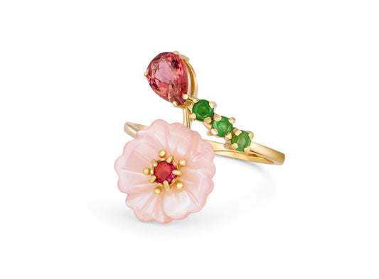 Pink tourmaline flower ring in 14k gold