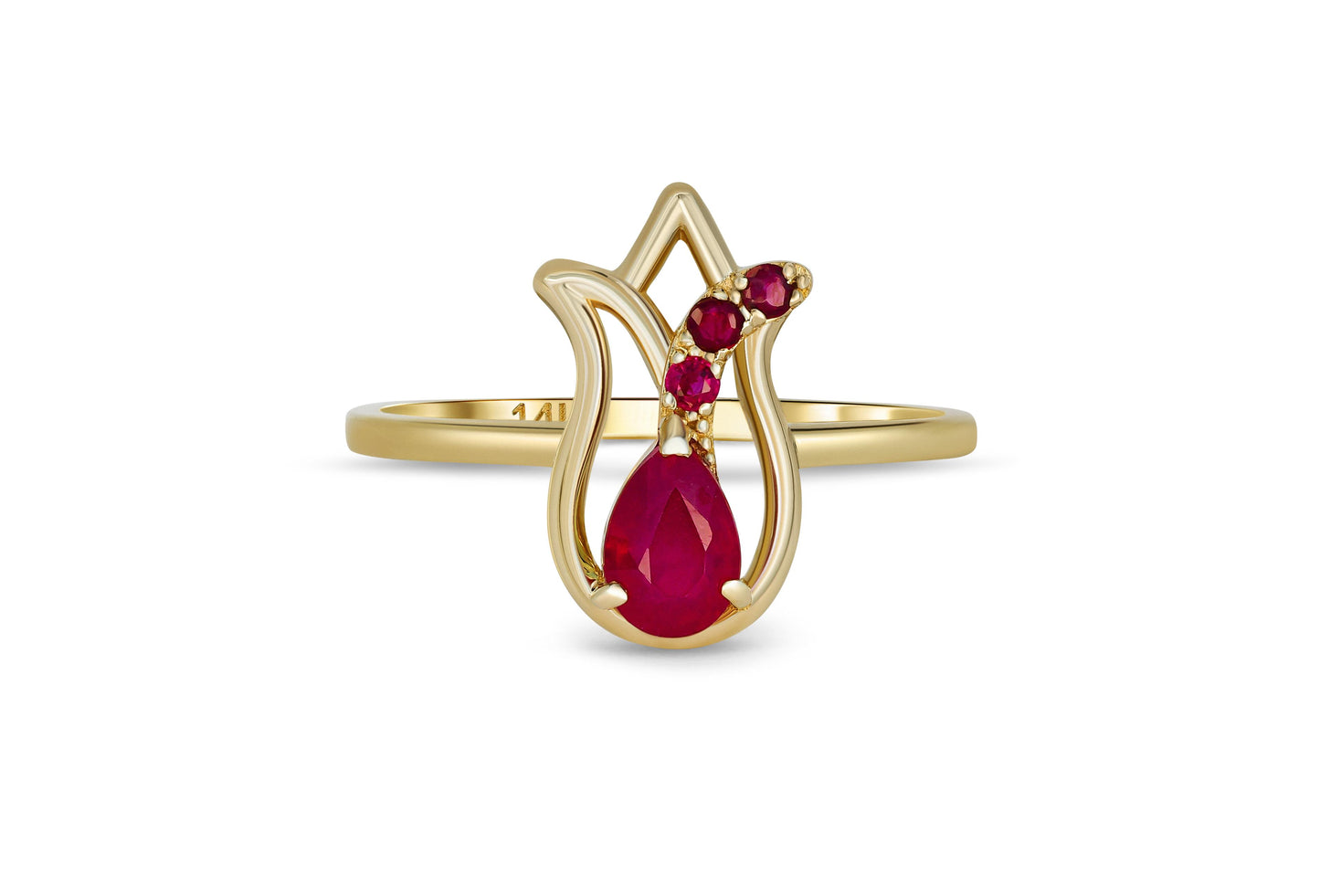 Tulip flower ring with ruby in 14k gold