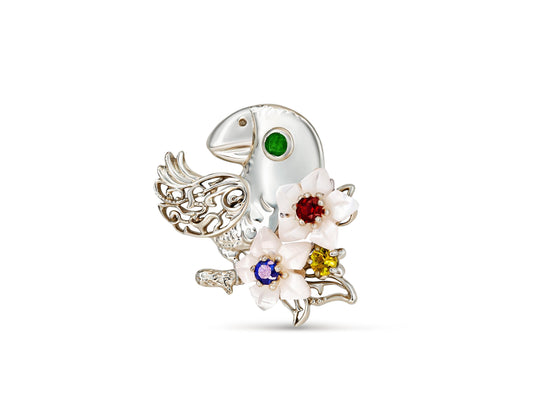 Parrot on flowers pendant with colored gems in 14k gold