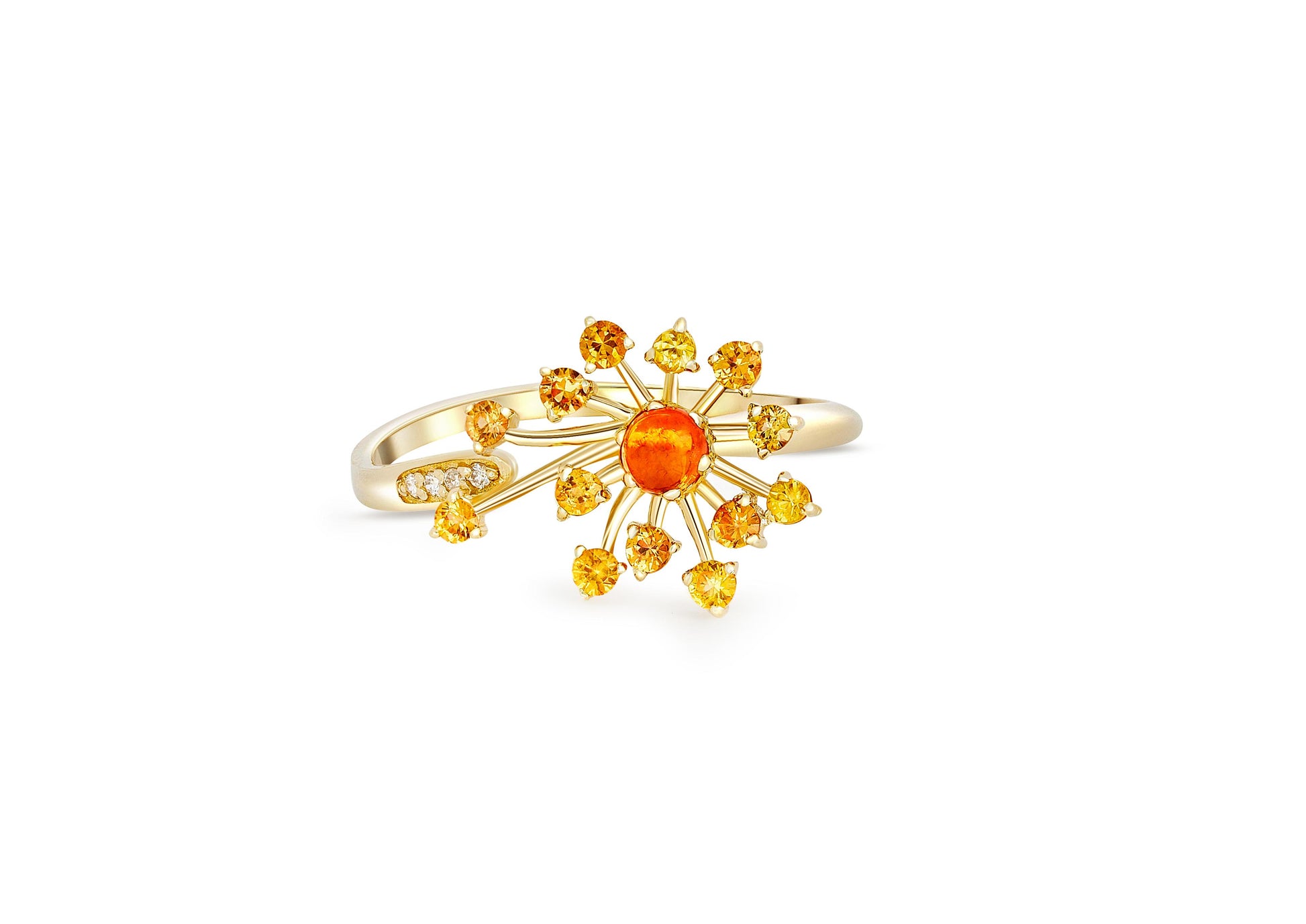 Dandelion flower ring with sapphires, garnet, diamonds in 14k gold