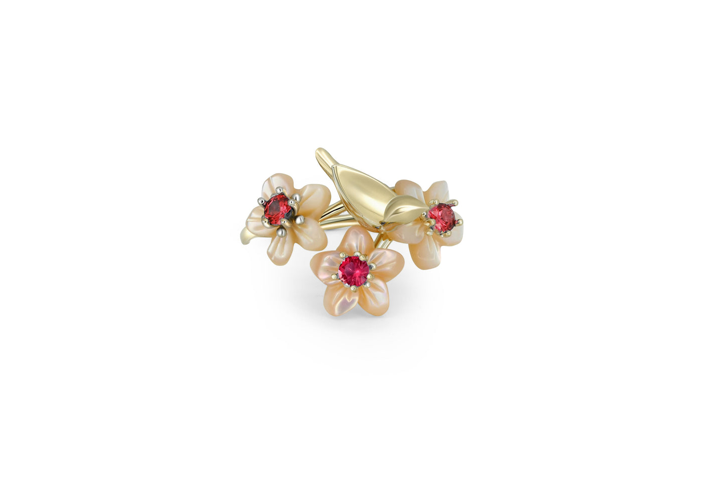 Bird on branch 14k gold ring with garnets