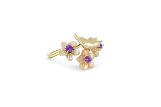 Bird on branch 14k gold ring with amethysts