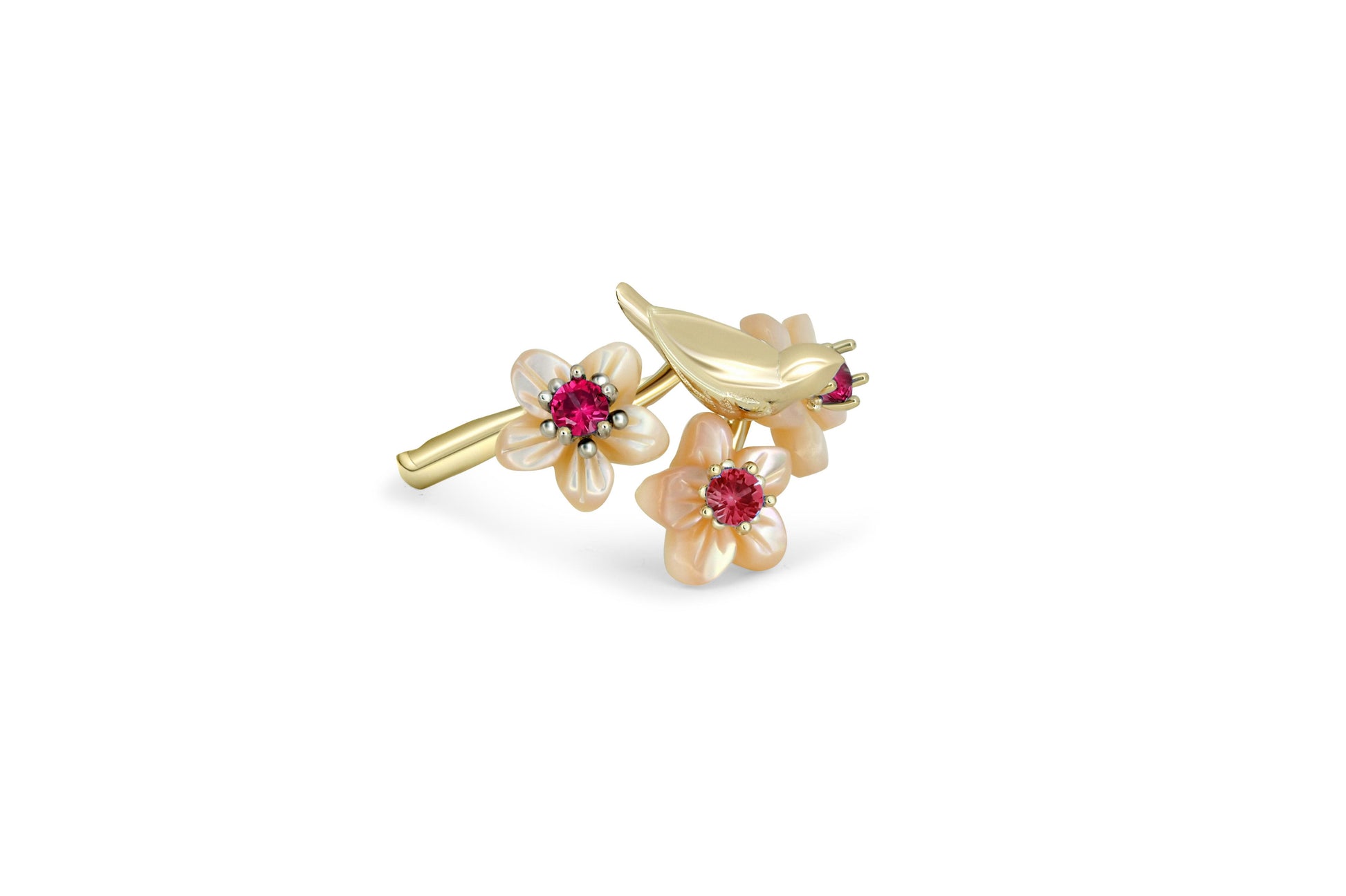 Bird on branch 14k gold ring with garnets