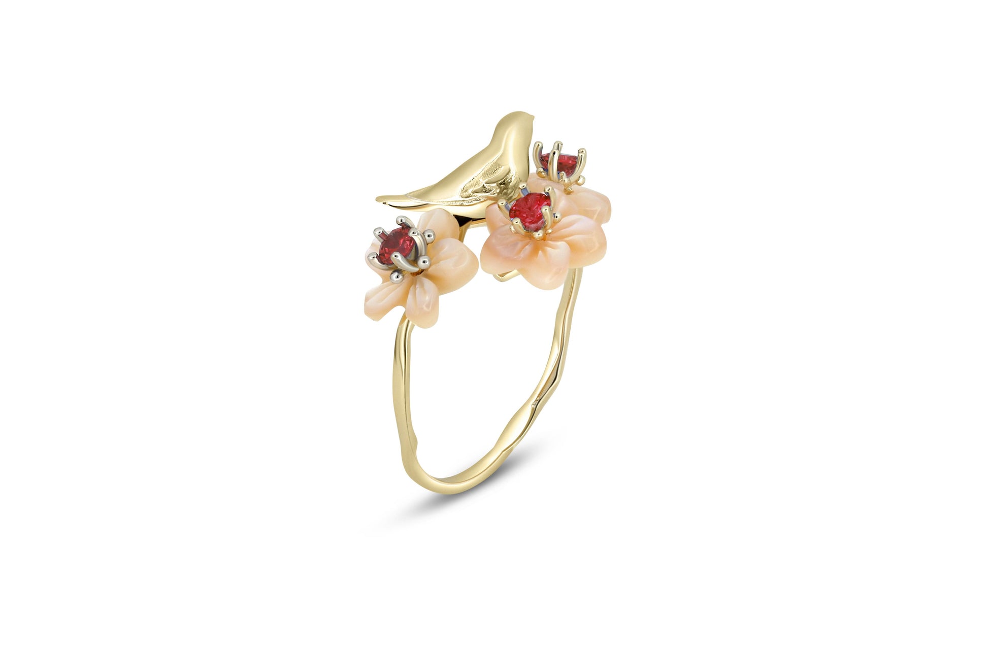 Bird on branch 14k gold ring with garnets