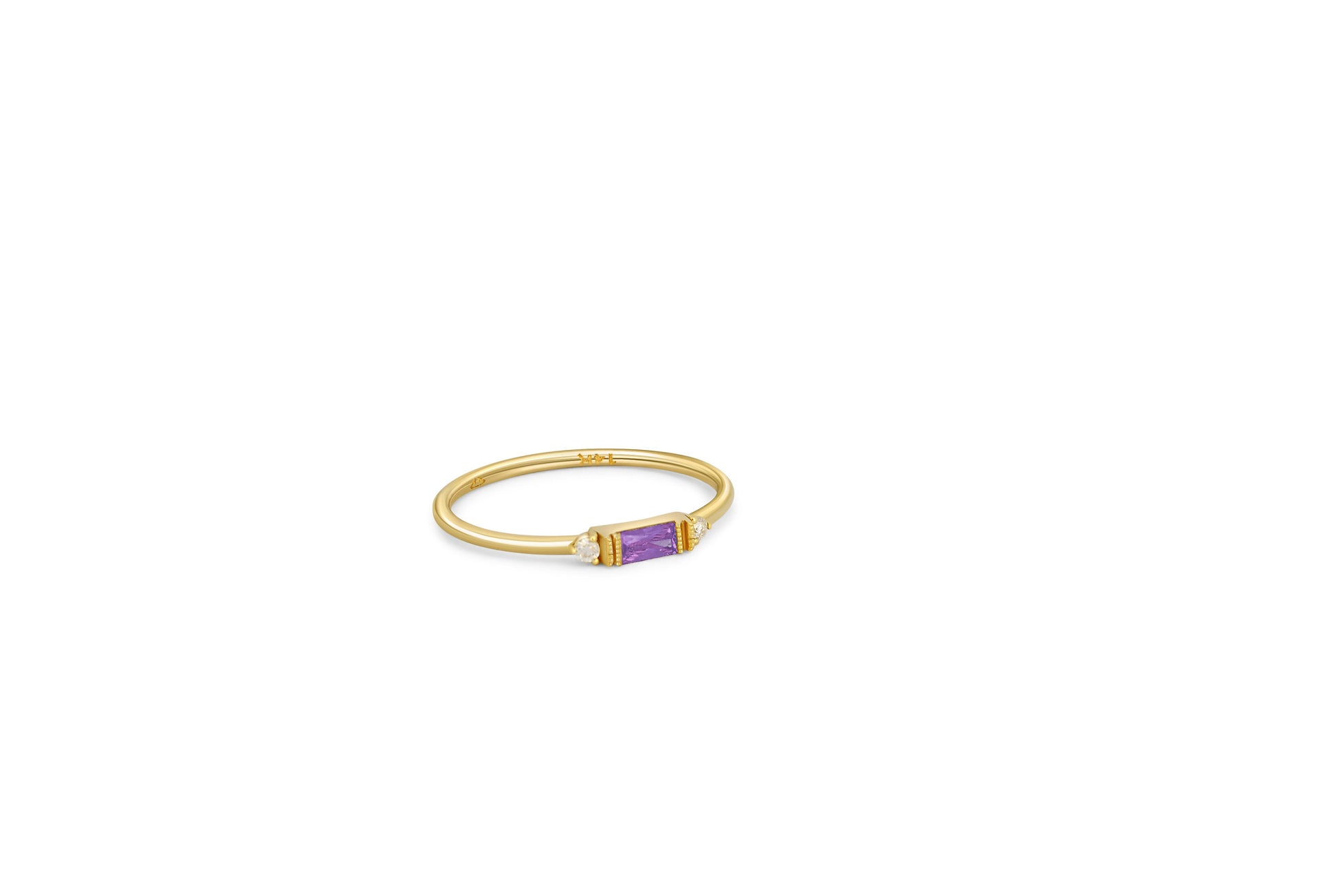 East west Baguette Cut Amethyst Engagement 14k gold Ring.