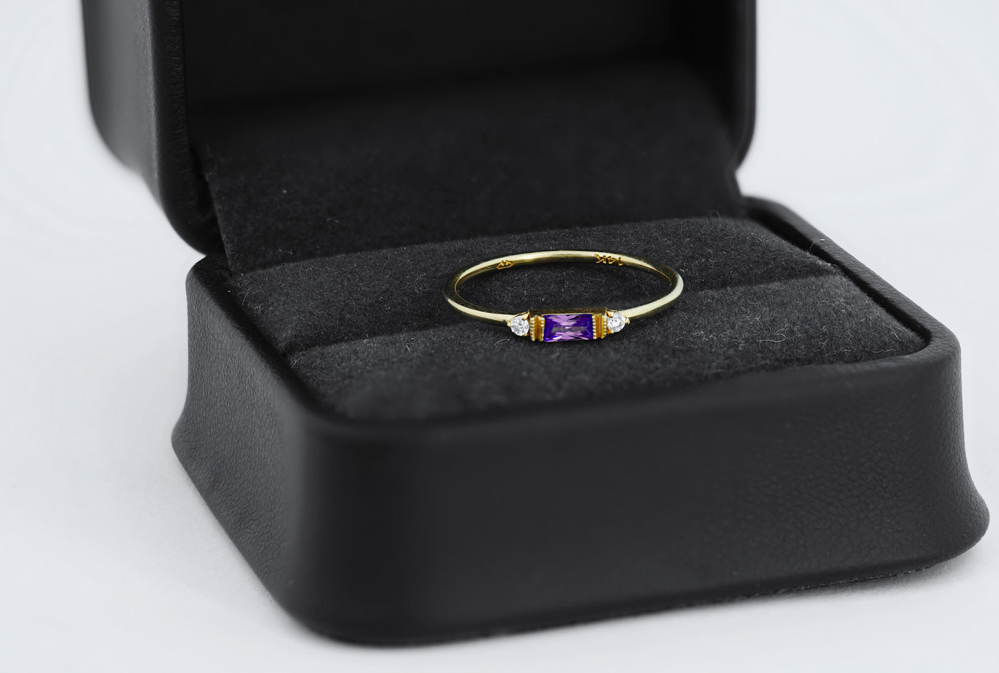 East west Baguette Cut Amethyst Engagement 14k gold Ring.