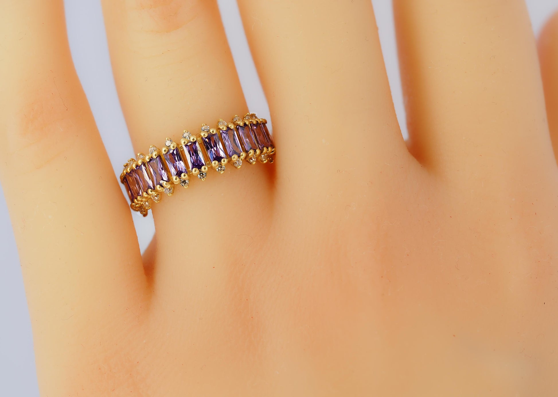 Lavender gems baguette 14k gold half eternity ring