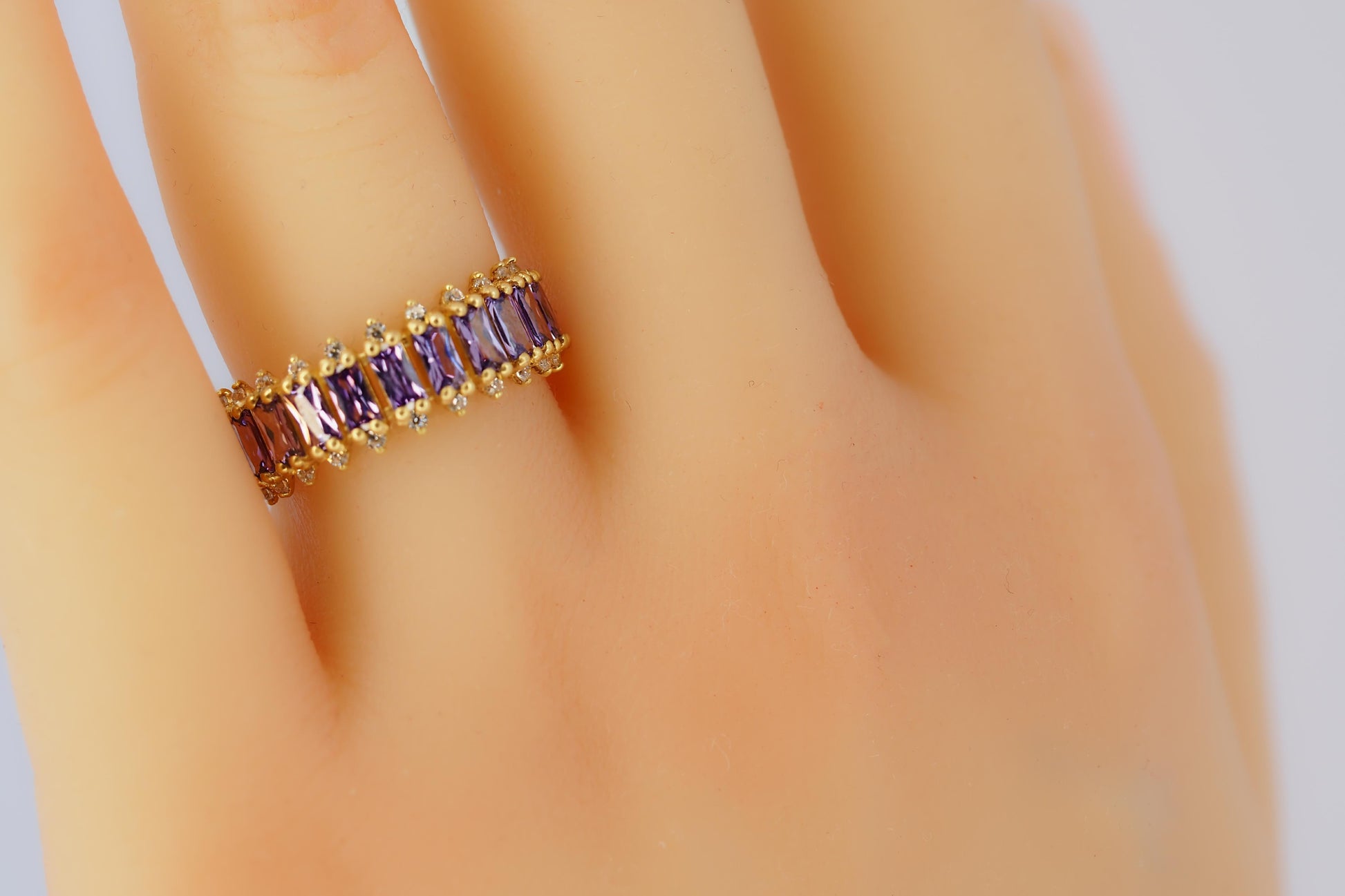 Lavender gems baguette 14k gold half eternity ring