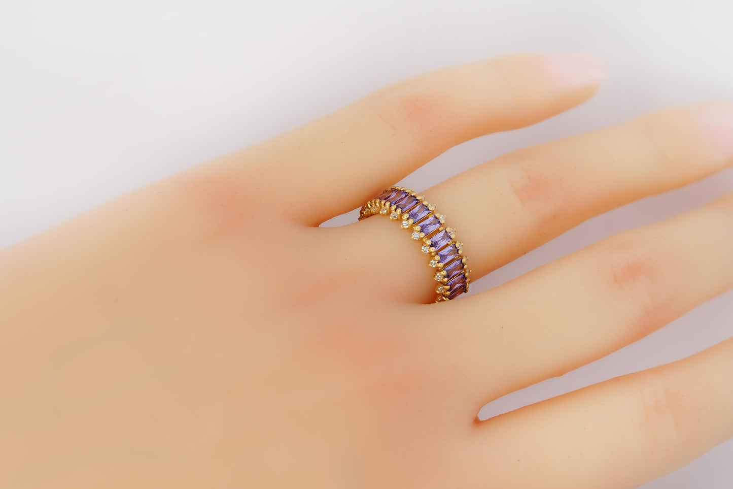 Lavender gems baguette 14k gold half eternity ring