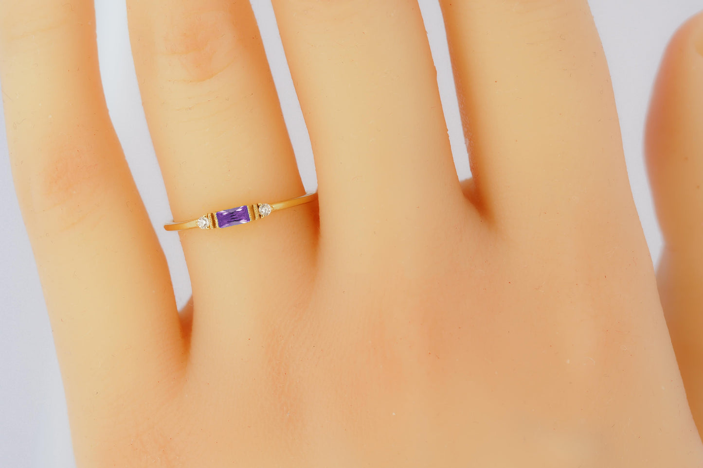 East west Baguette Cut Amethyst Engagement 14k gold Ring.