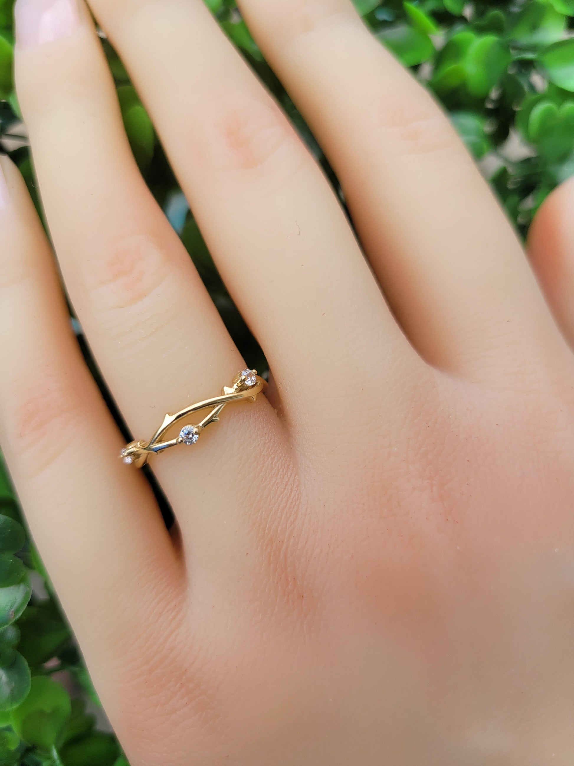 Moissanite twig wedding 14k gold band