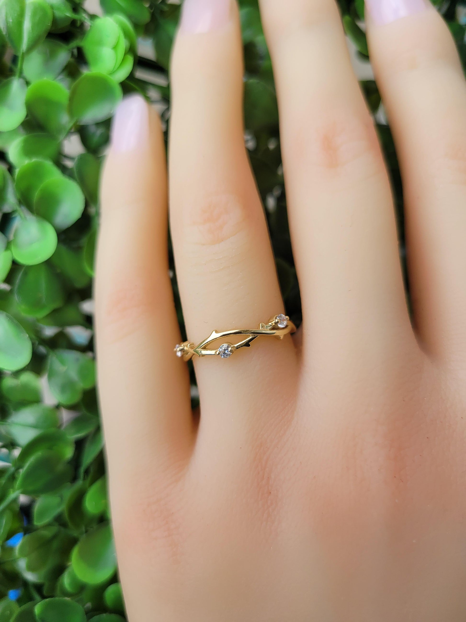 Moissanite twig wedding 14k gold band