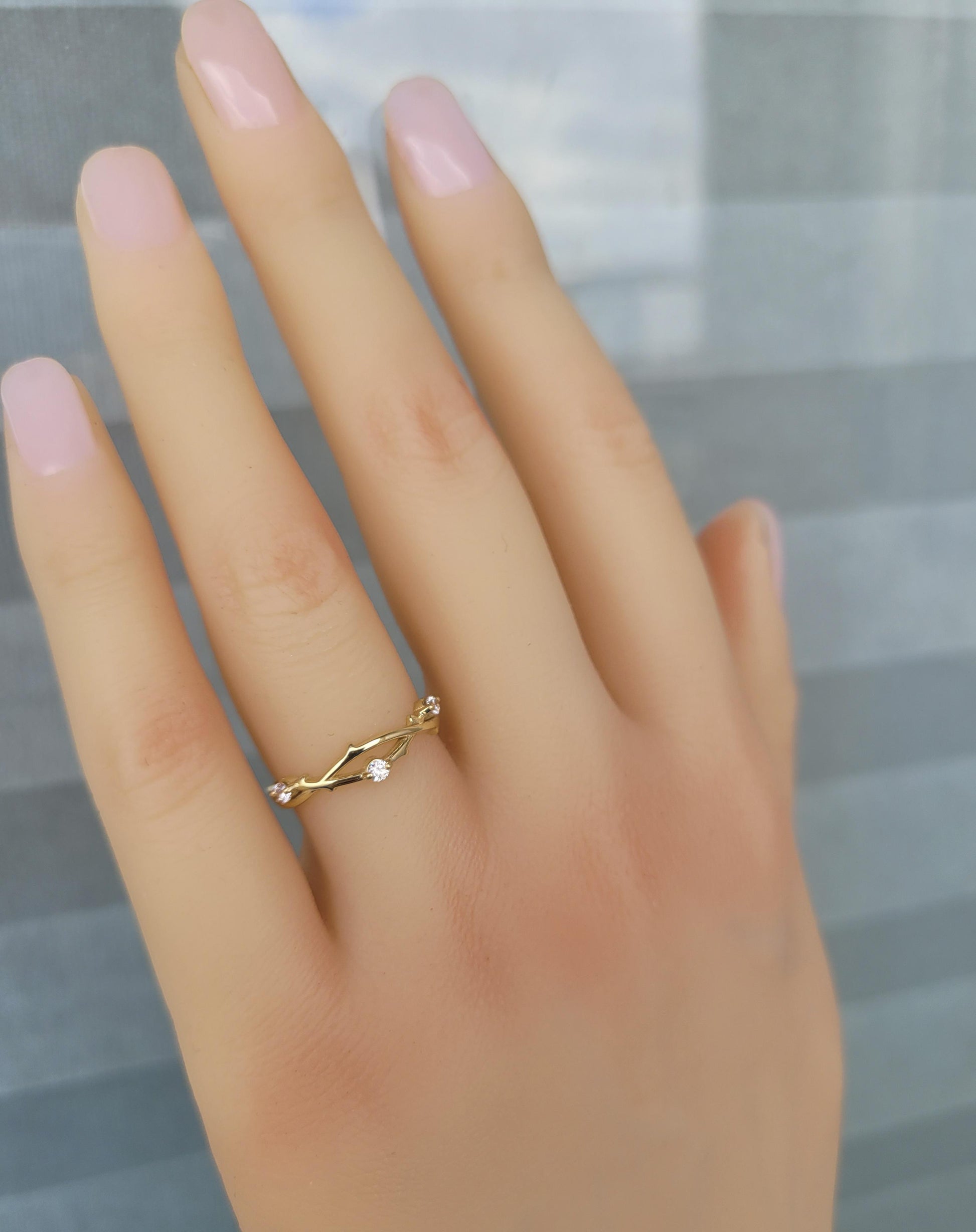 Moissanite twig wedding 14k gold band