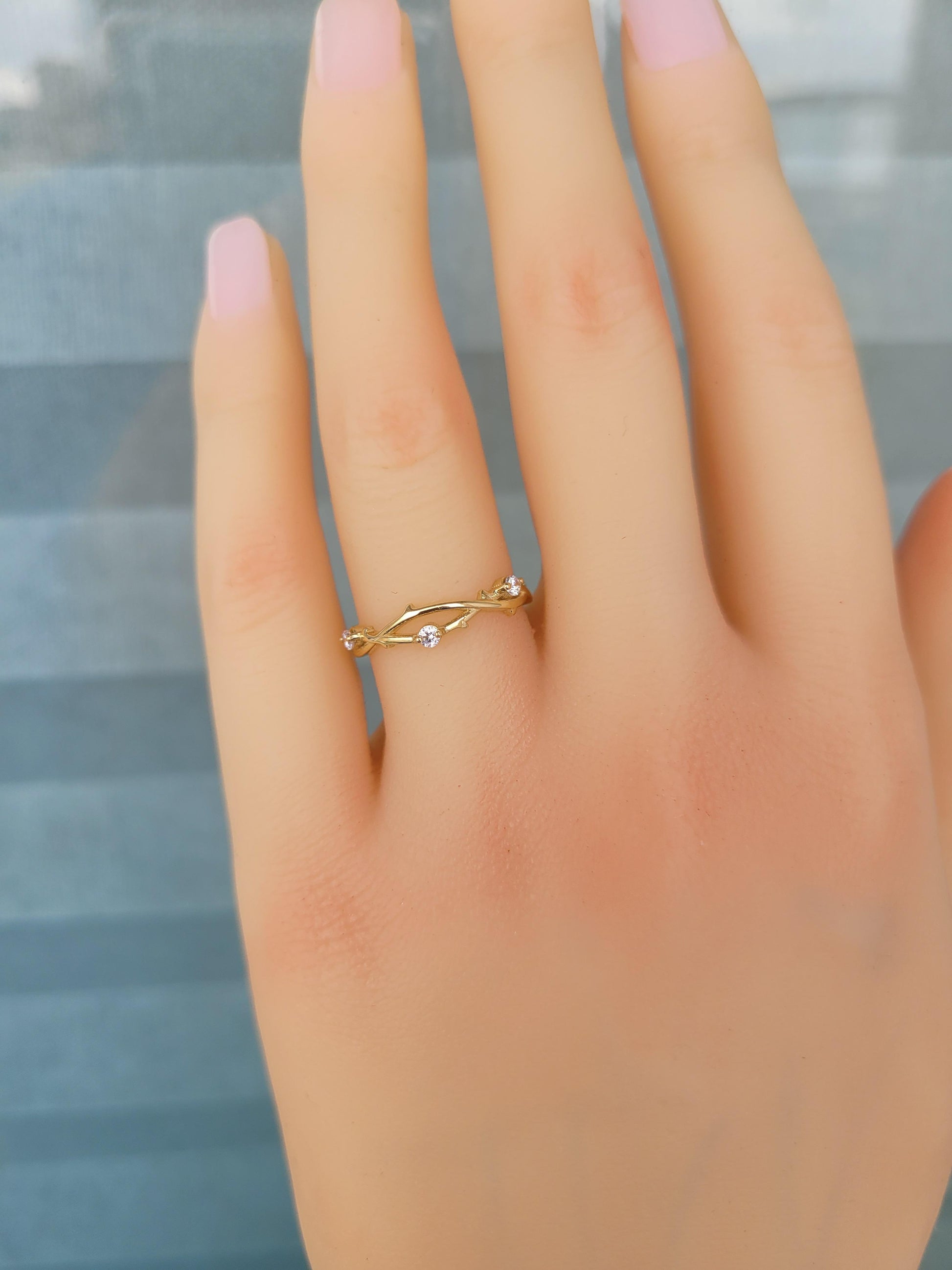 Moissanite twig wedding 14k gold band