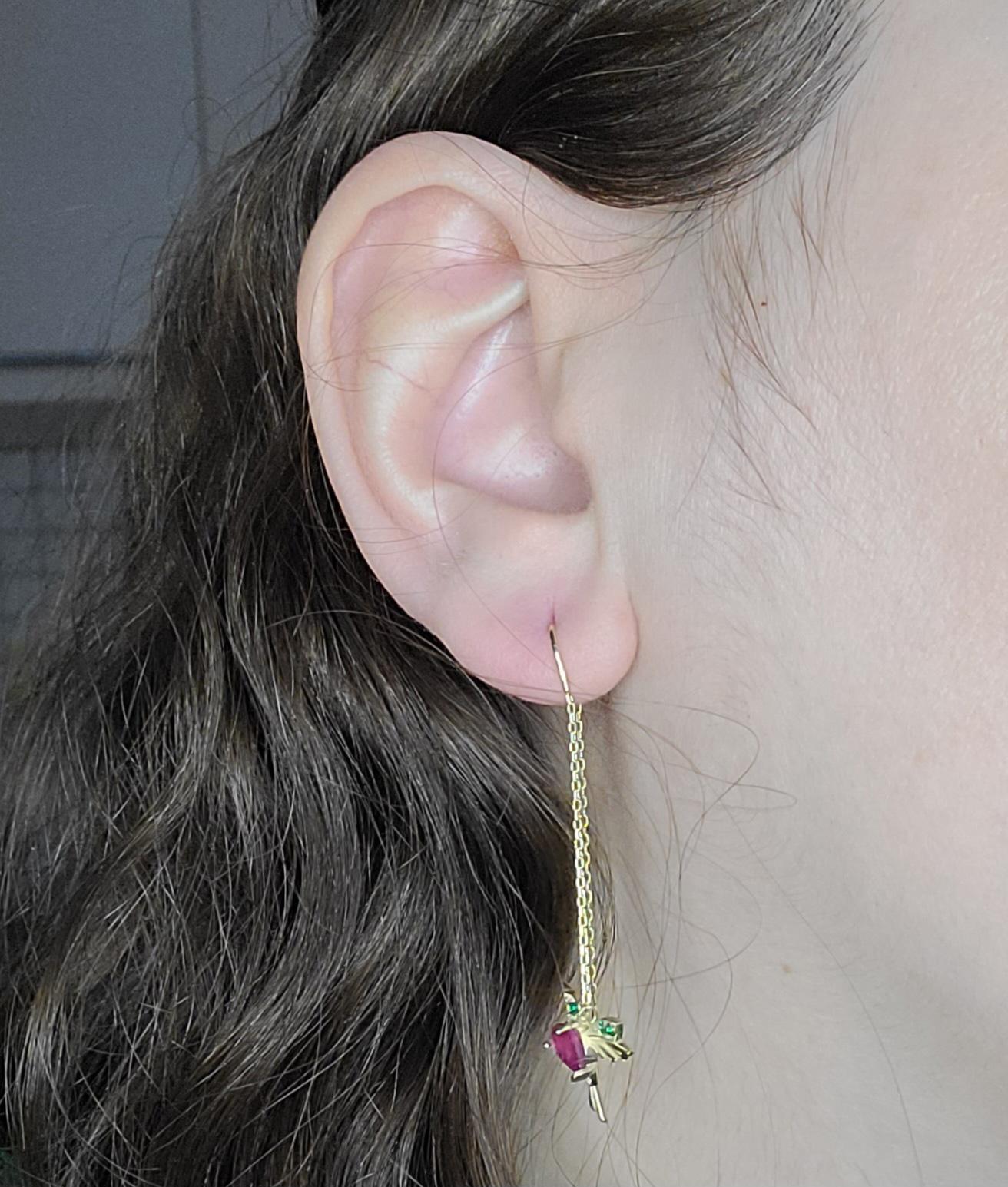 Hummingbird Threader earrings with rubies in 14k gold