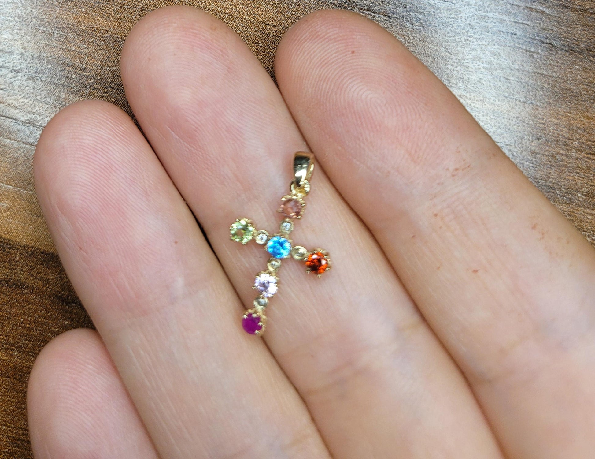 Fancy color sapphires Cross Pendant in 14k gold