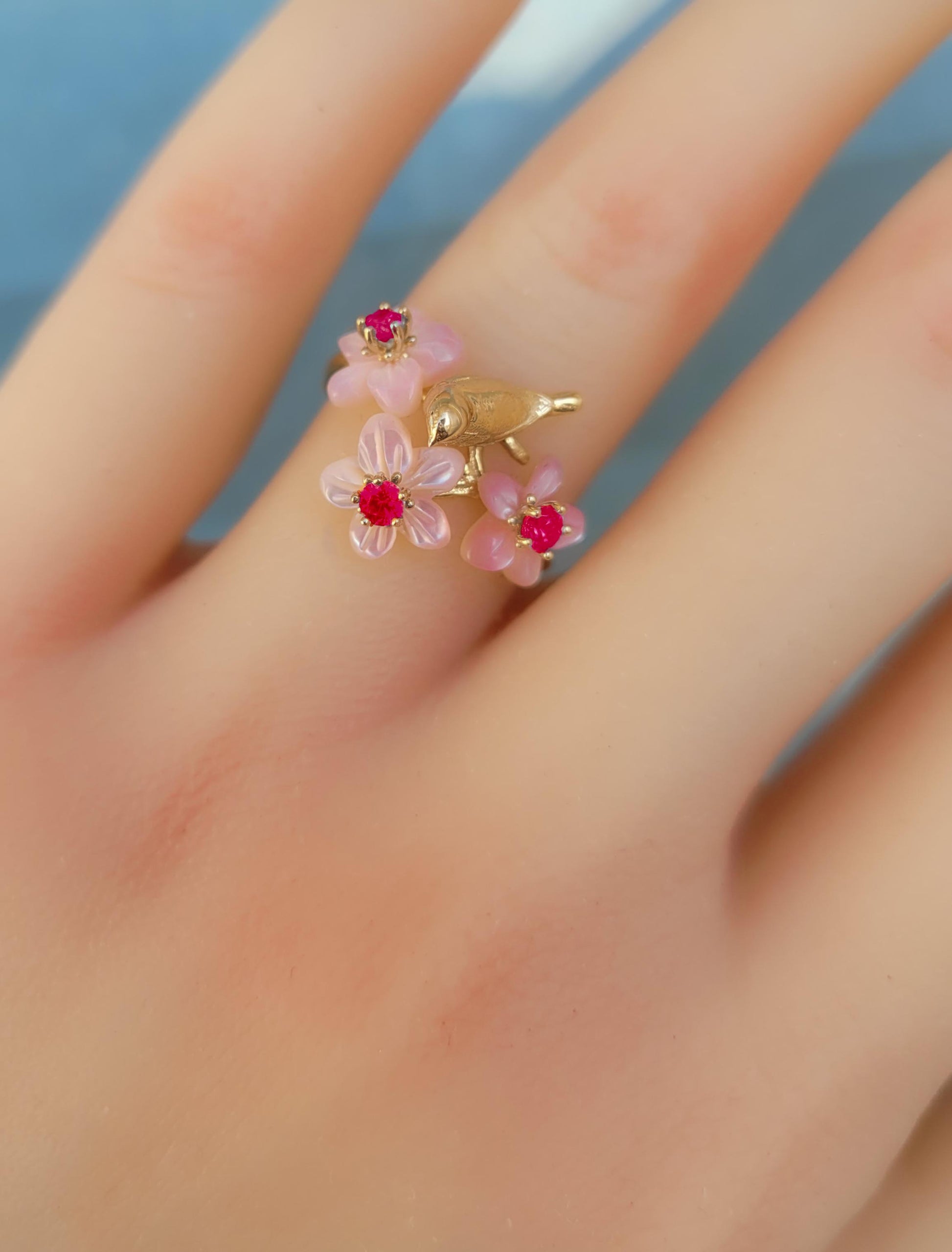 Bird on branch 14k gold ring with garnets