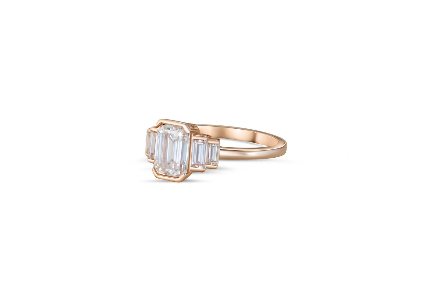 Three Stone Emerald Cut Moissanite Engagement 14k gold Ring