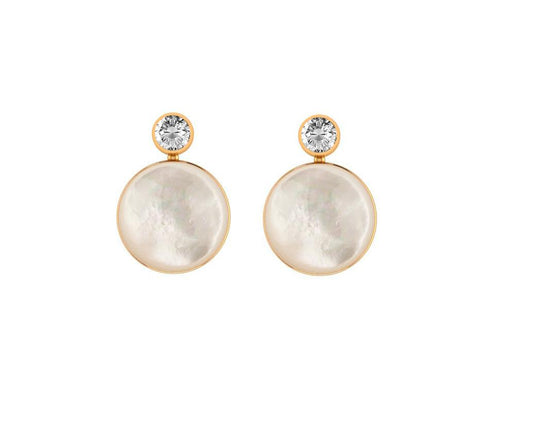 White Mother Of Pearl Shell 14k gold Stud Earrings with moissanite.