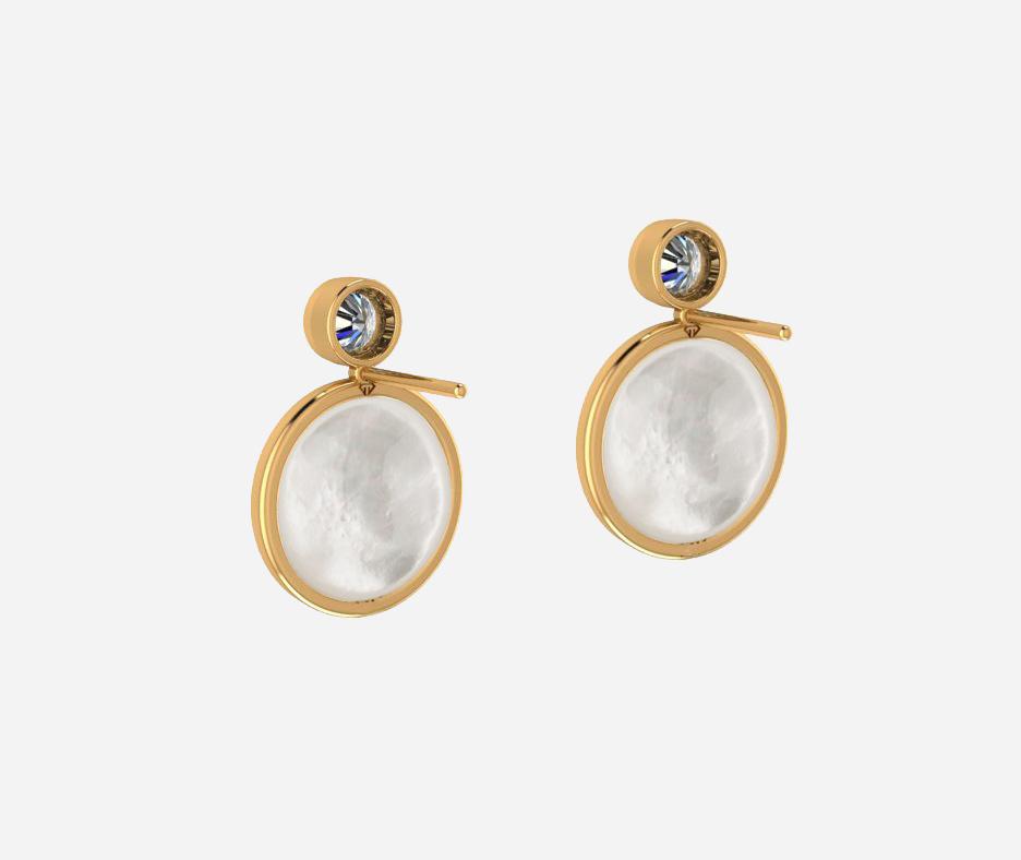 White Mother Of Pearl Shell Stud Earrings with moissanite.