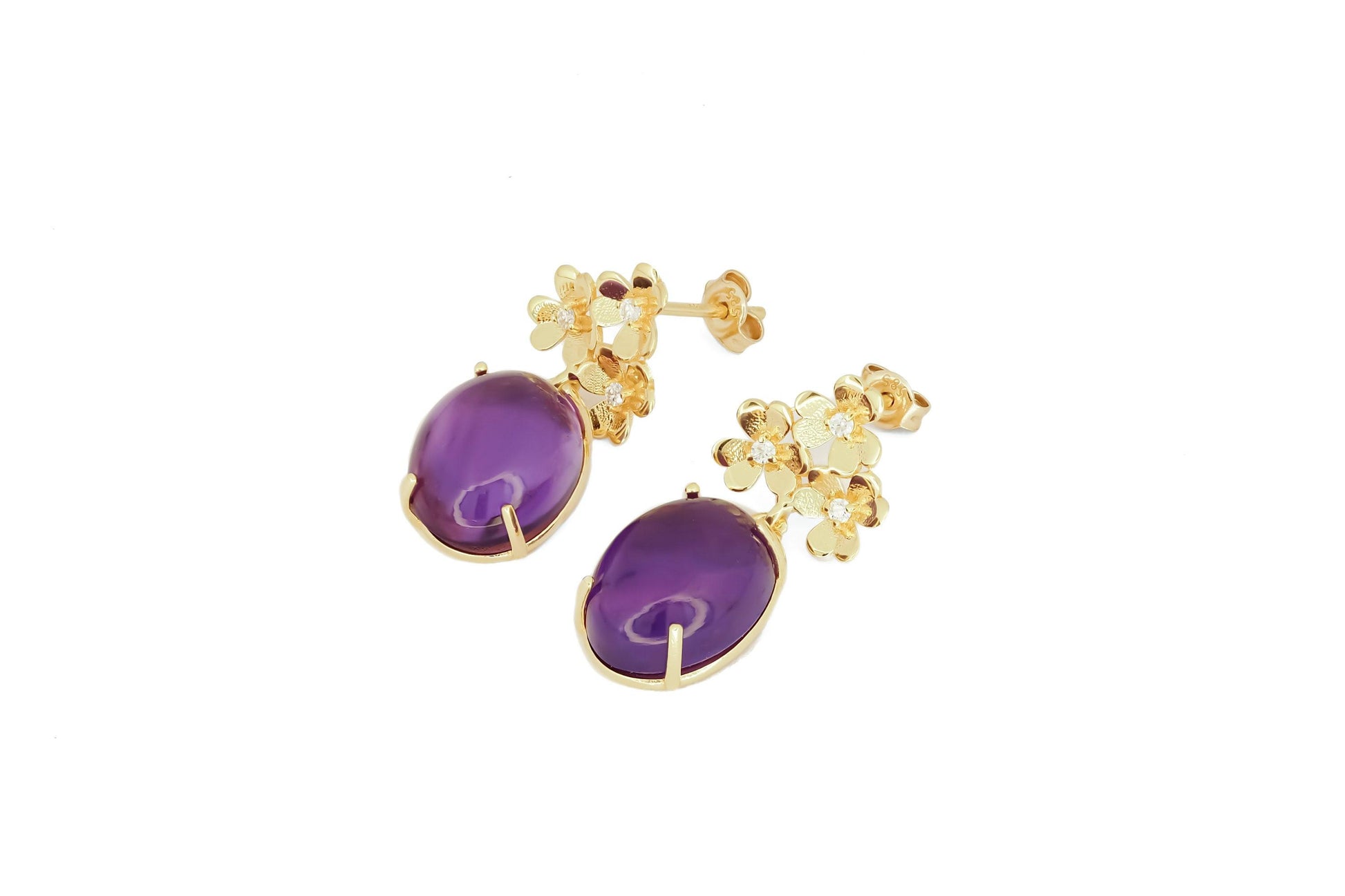 Amethyst cabochon 14k gold earrings
