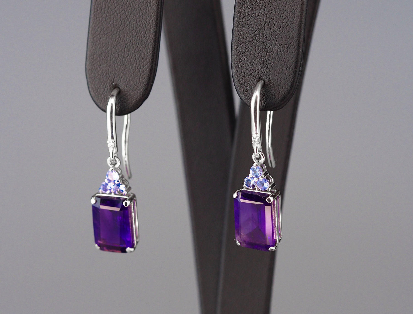 Amethyst, tanzanite 14k gold earrings