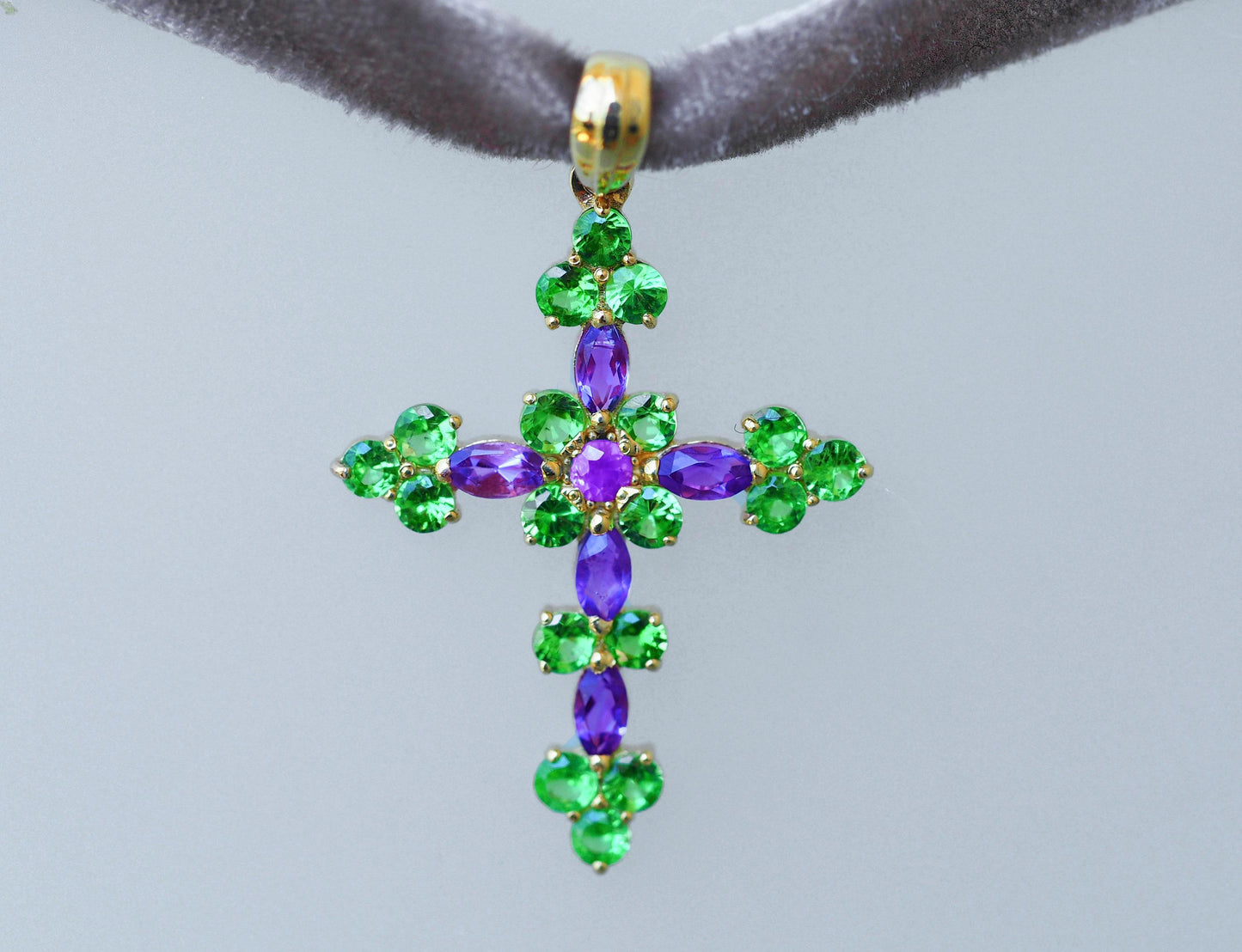 Amethysts, tsavorites 14k gold cross pendant