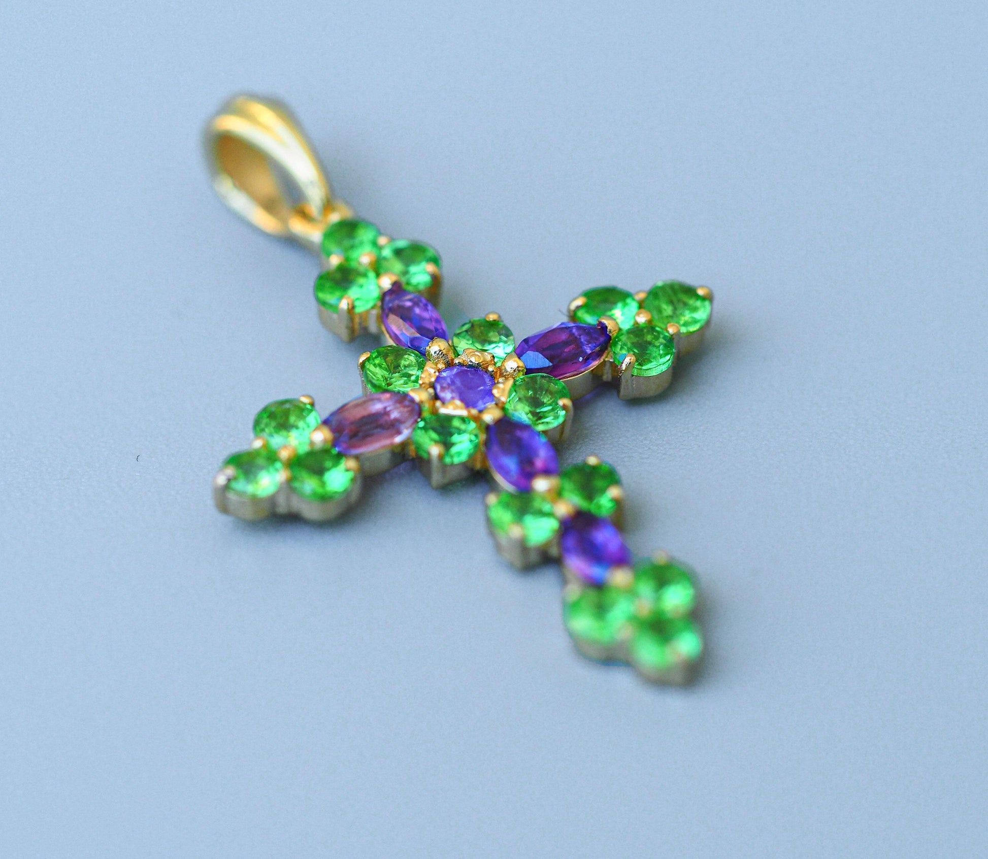 Amethysts, tsavorites 14k gold cross pendant