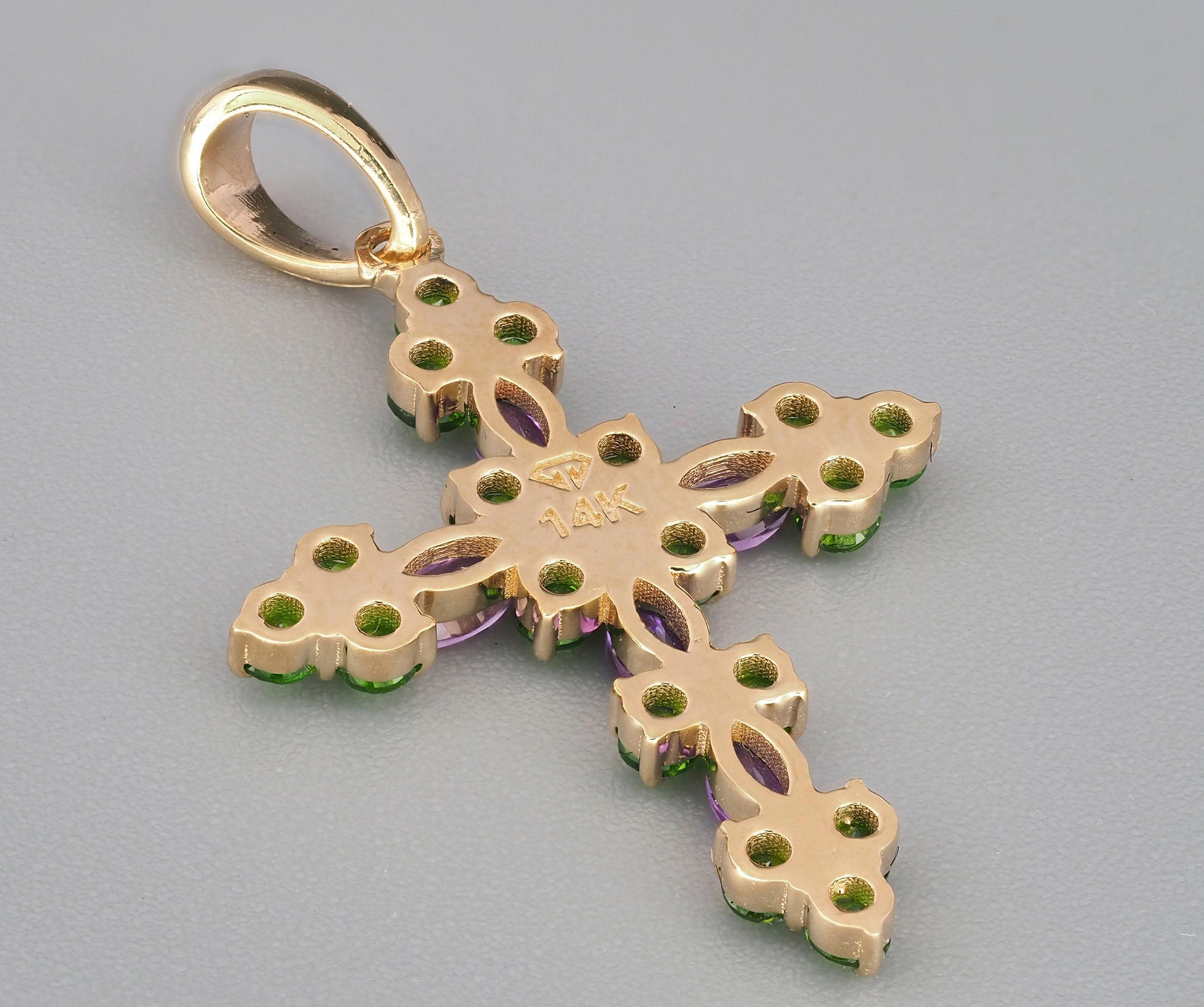 Amethysts, tsavorites 14k gold cross pendant