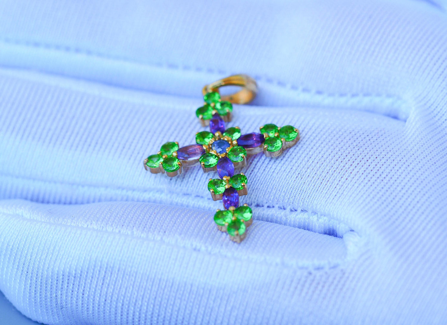 Amethysts, tsavorites 14k gold cross pendant