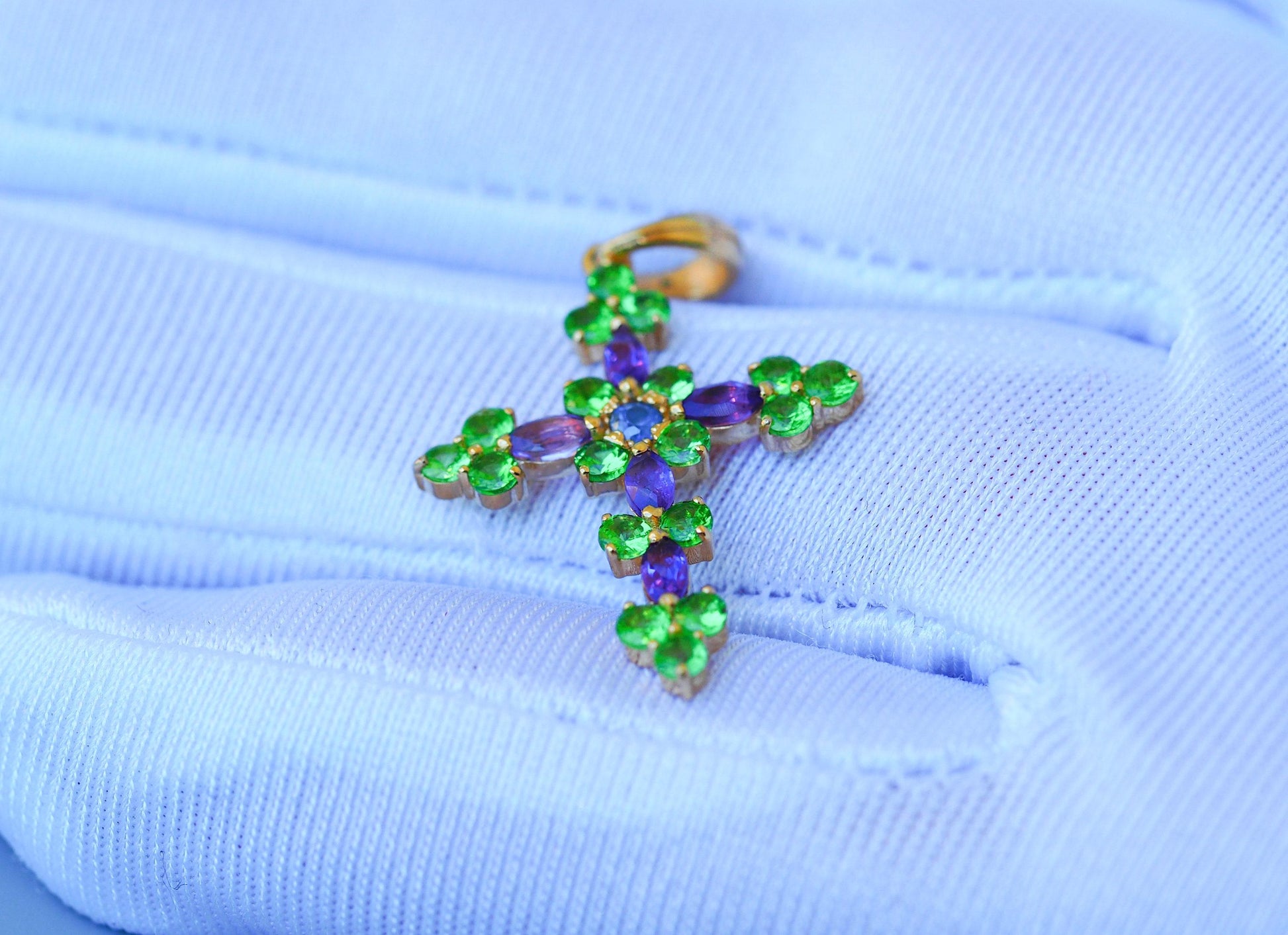 Amethysts, tsavorites 14k gold cross pendant