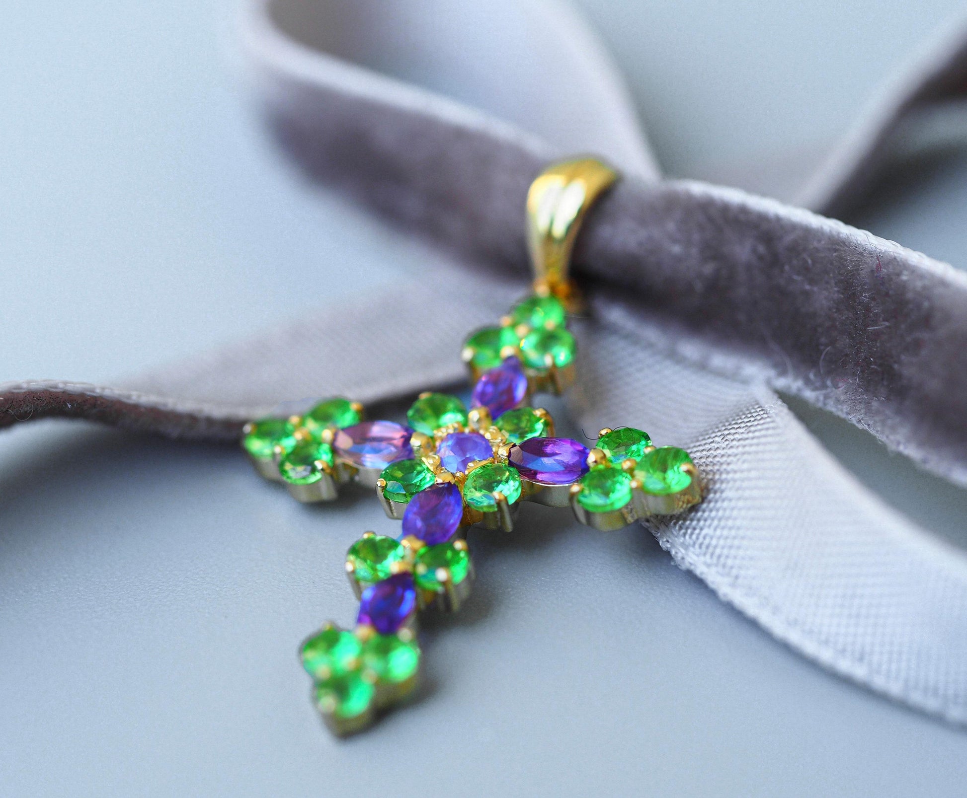 Amethysts, tsavorites 14k gold cross pendant