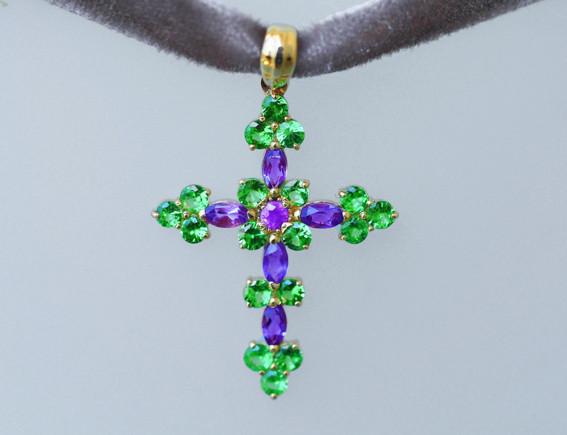 Amethysts, tsavorites 14k gold cross pendant