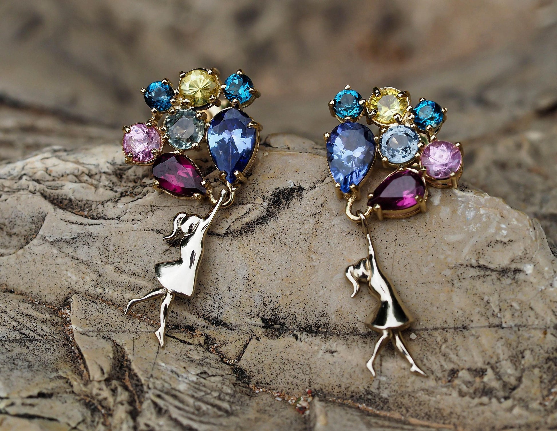 Girl with Balloons Earrings 14k gold studs earrings