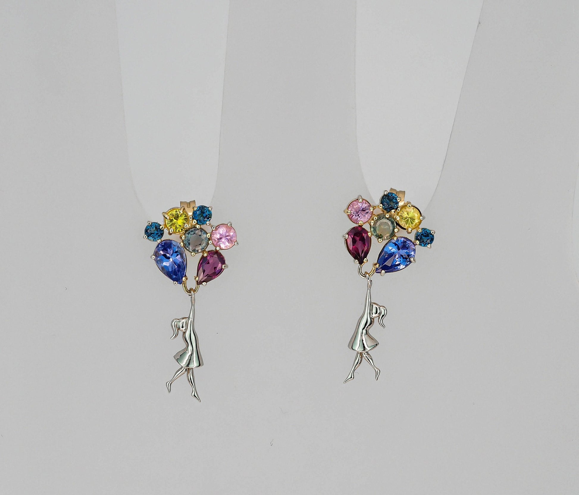 Girl with Balloons Earrings 14k gold studs earrings