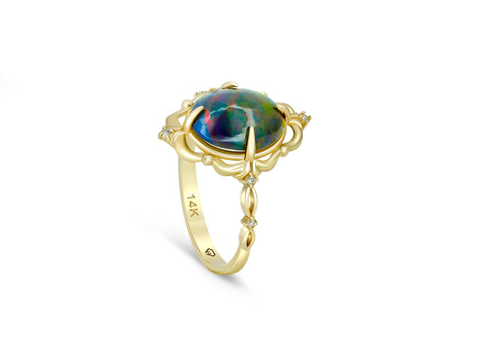Black opal 14k gold ring